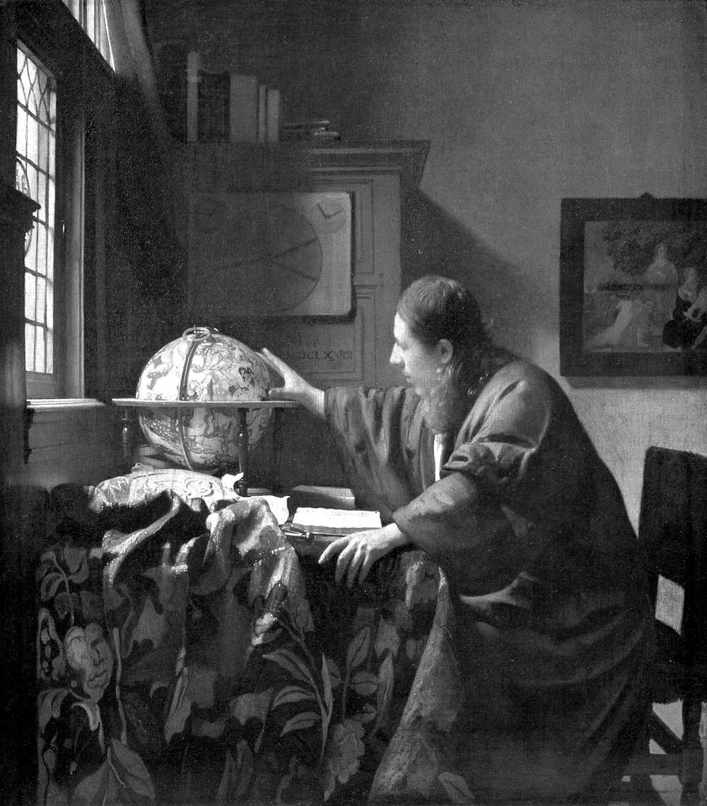Vermeer's painting The Astronomer, a scholar at his desk reaching toward a celestial globe, duotoned in purple